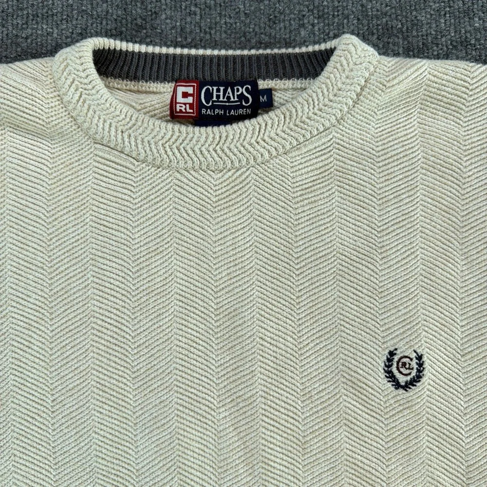 Chaps Ralph Lauren Mens Medium Cream Chevron Knit Crewneck Cotton Sweater Chunky